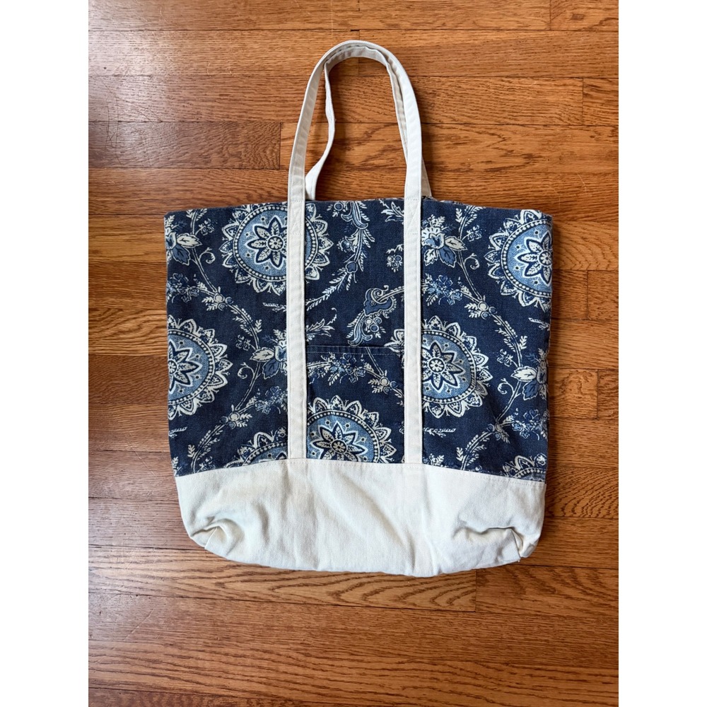 Boho Navy Paisley Mandala Canvas Tote Bag Large Floral Shoulder Bag Cream Trim